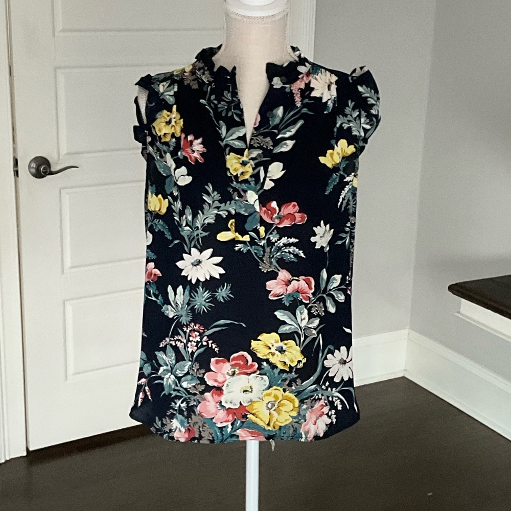 LOFT Black Floral Ruffle Sleeve Blouse